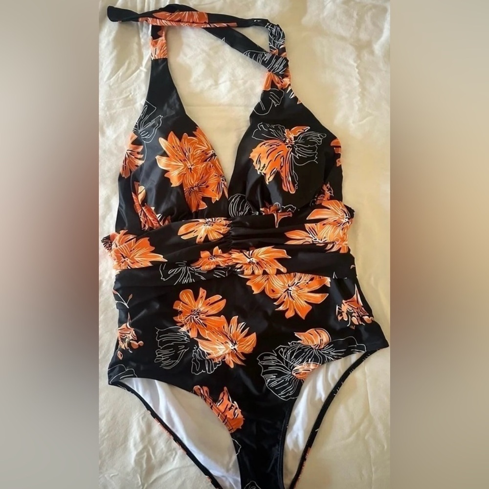 Floral Black and Orange Women’s One Piece Swimsuit Size XXL